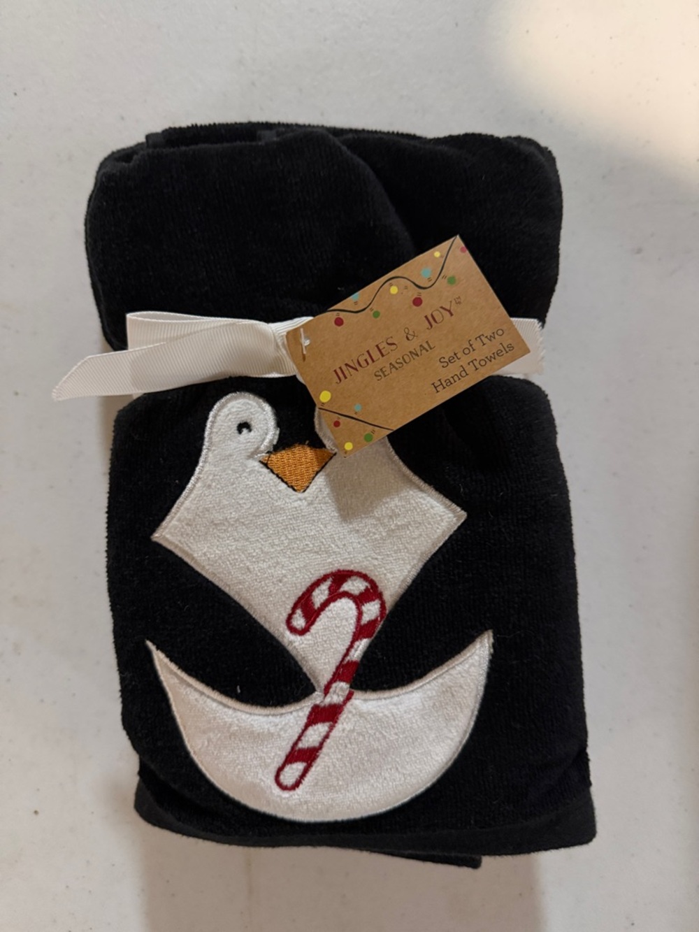 Black Holiday Hand Towels with Penguin & Candy Cane